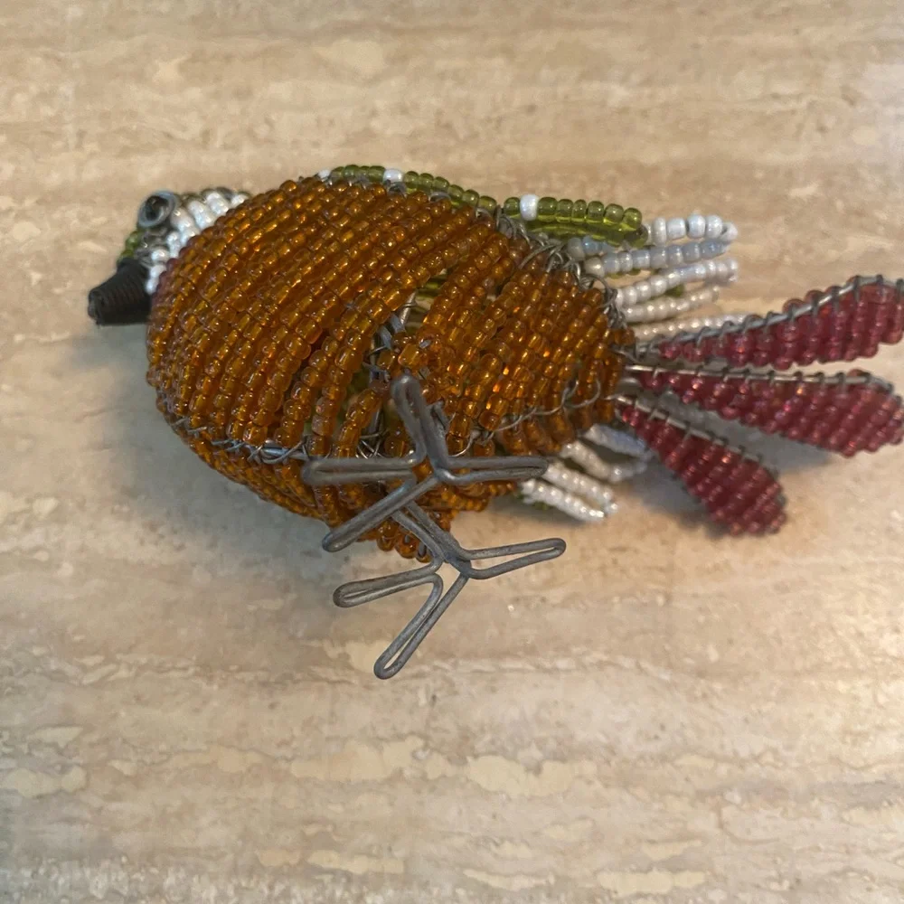Handcrafted Beaded Bird Figurine - Green, Orange, Brown very realistic